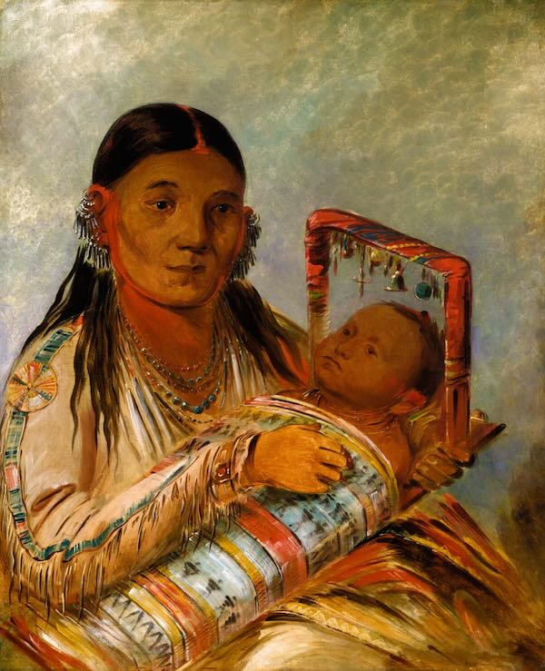 George Catlin: Frau mit Baby in einem Creddleboard, 1835 George Catlin: Frau mit Baby in einem Creddleboard, 1835